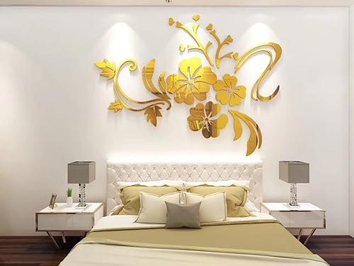 Calcomanías de pared 3D con espejo de flores, calcomanías de pared familiares, decoración de pared para sala de estar, decoración de pared, sala de
