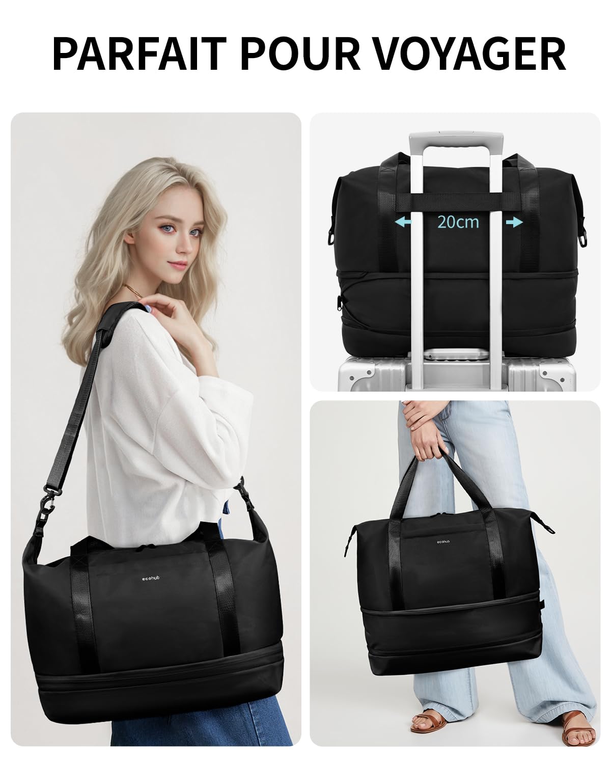 ECOHUB Extensible Sac de Voyage Femme, Bagage Cabine 40x30x20, Ryanair Sacs Cabine Avion avec Pochette Humide Amovible, Sac Weekend Maternité, Pet Recyclé Petit Bagage à Main, Noir, 20L-28L
