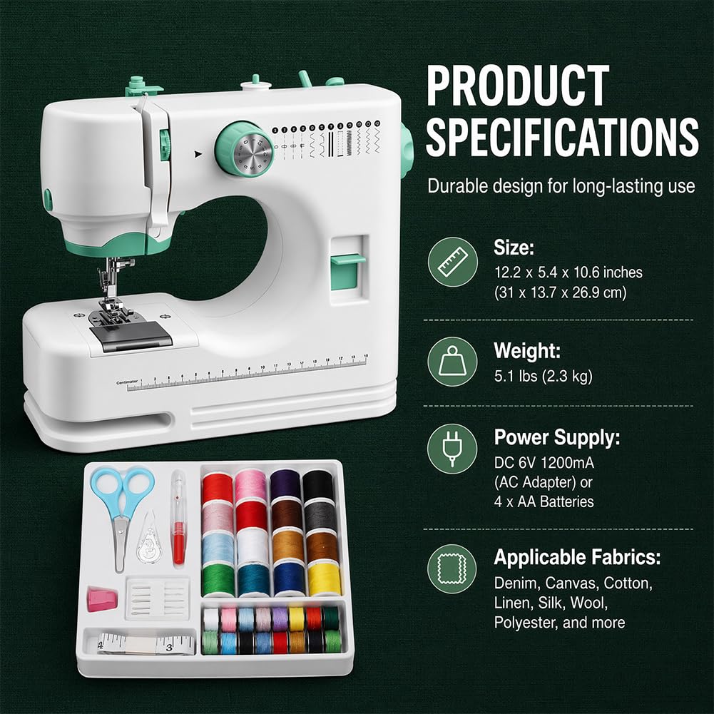 LOMUG Máquina de coser eléctrica, mini máquina de coser portátil para principiantes y uso doméstico, juego de máquina de coser con accesorios de costura, ideal para manualidades, ropa, fundas de