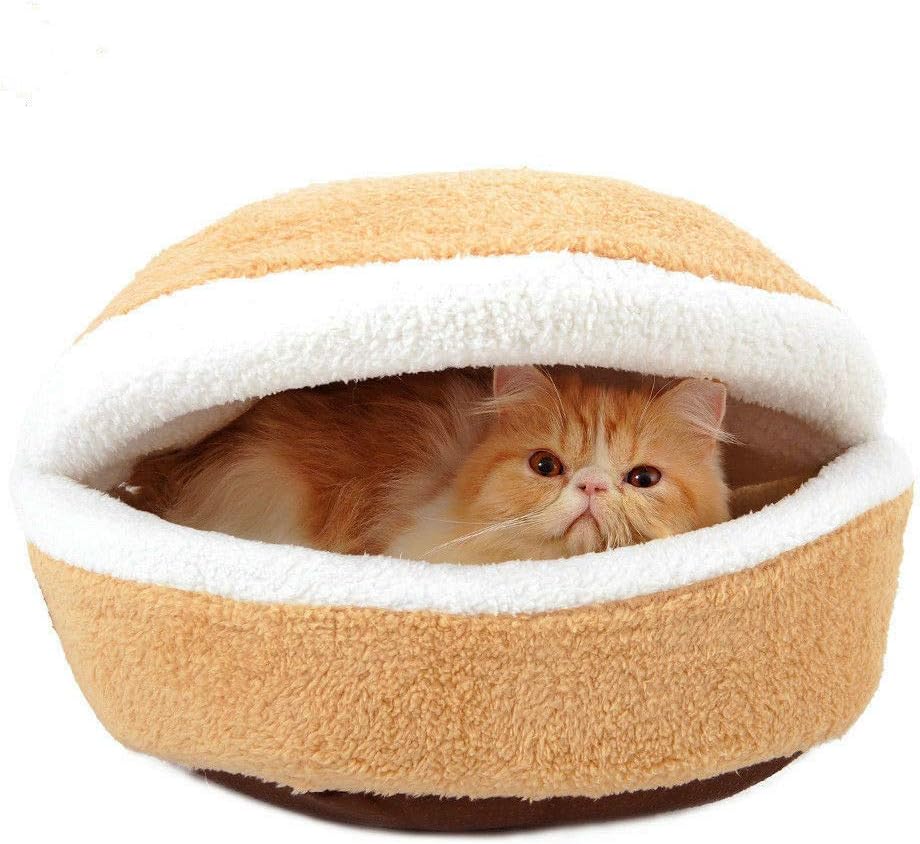 Yiwann Cute Hamburger Bed Cat Kitty Puppy Pet Nest Cave Kennel, Shell Cover House Removable Windproof Winter Warm Cat Dog Pet Gift