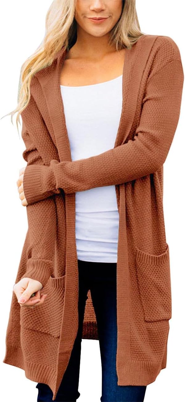 MEROKEETY Long Cardigans for Women 2025 Fall Winter Hooded Long Sleeve Open Front Sweaters with Pockets