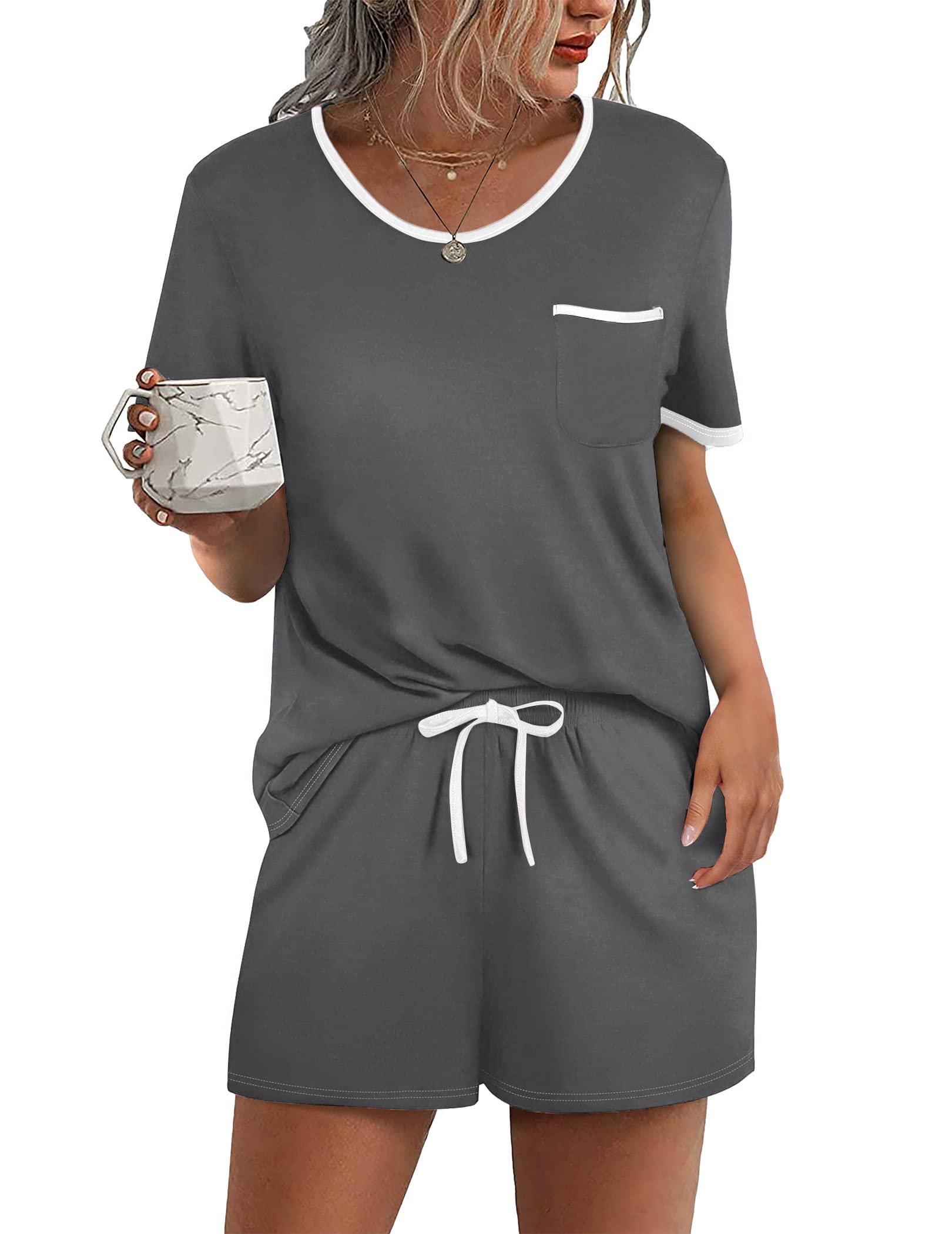 Ekouaer Pajama Set for Women 2 Piece Lounge Set Short Sleeve Tops and Shorts Soft Sleepwear, Chest Pocket