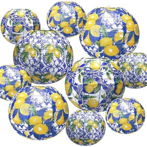 MotiMind 10 Pcs Amalfi Coast Paper Lantern Kit Capri Positano Lemon Party Lemon Supplies Summer Mediterranean Decorations Lemon Pattern for Wedding Baby Shower Birthday Party Decorations Home Decor