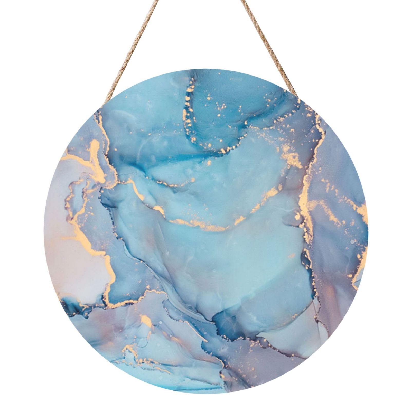 InOmak Blue Gold Marble Texture Ocean Art, Round Wood Panel Painting 12 in, Wall Hanging Painting For Home