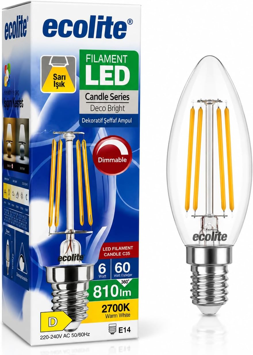 Ecolite Filament LED Mum Ampul E14 Duy 6W 810 Lümen Dim Edilebilir 2700K Sarı Işık Şeffaf Dekoratif Vintage Ampul 60W Eşdeğer C35 Candle Series (1)