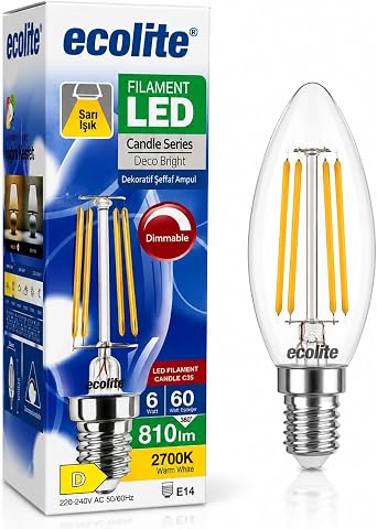 Ecolite Filament LED Mum Ampul E14 Duy 6W 810 Lümen Dim Edilebilir 2700K Sarı Işık Şeffaf Dekoratif Vintage Ampul 60W Eşdeğer C35 Candle Series (1) [Enerji Sınıfı D]