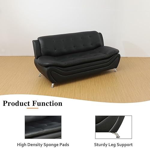 Miniatura 4 de Juego de sofás de cuero para sala de estar, juego de muebles de 3 piezas, incluye sofá de 3 plazas, sofá de 2 plazas y sillón (sofá, negro)