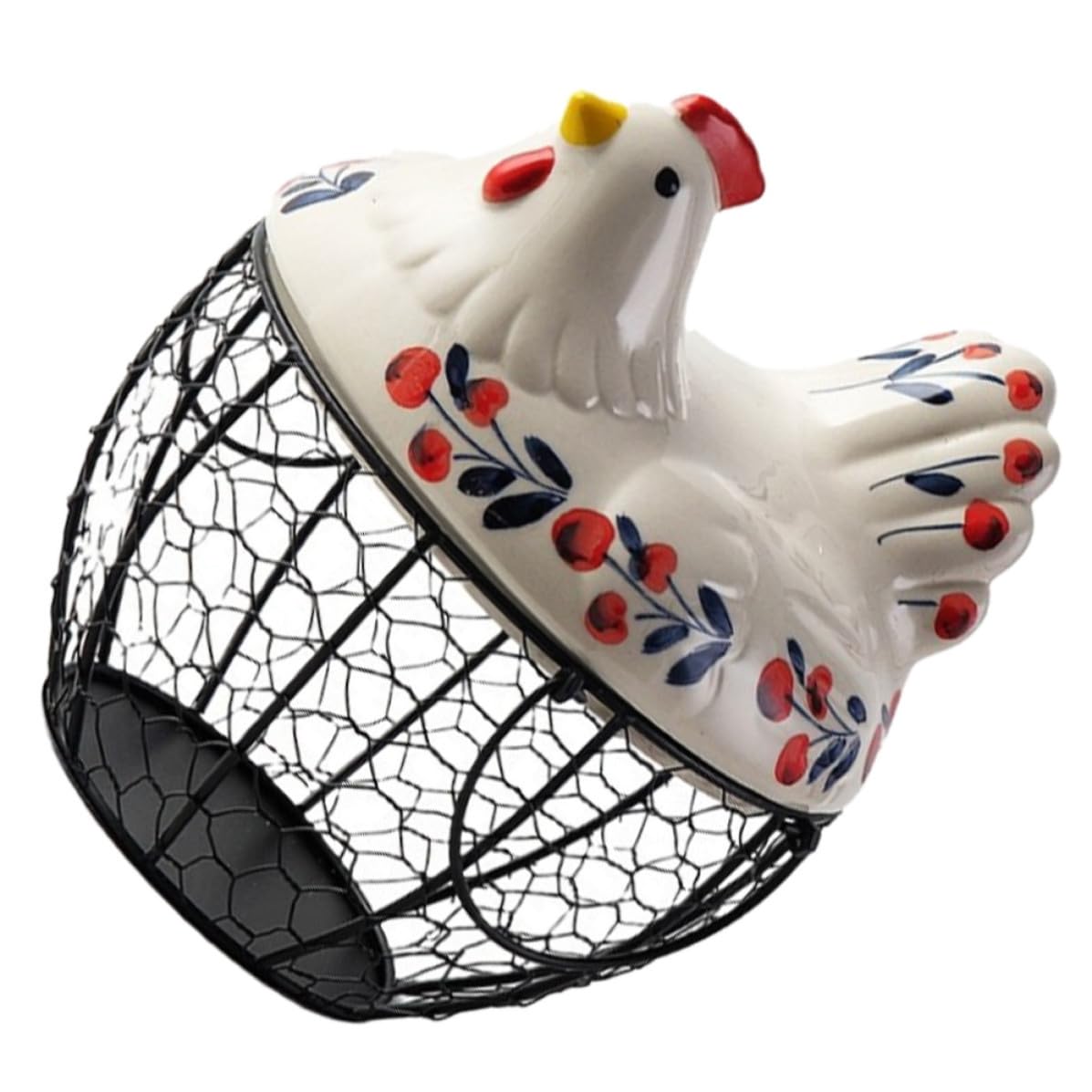 Cesta de huevos con forma de pollo, almacenamiento de cerámica y hierro con asa
