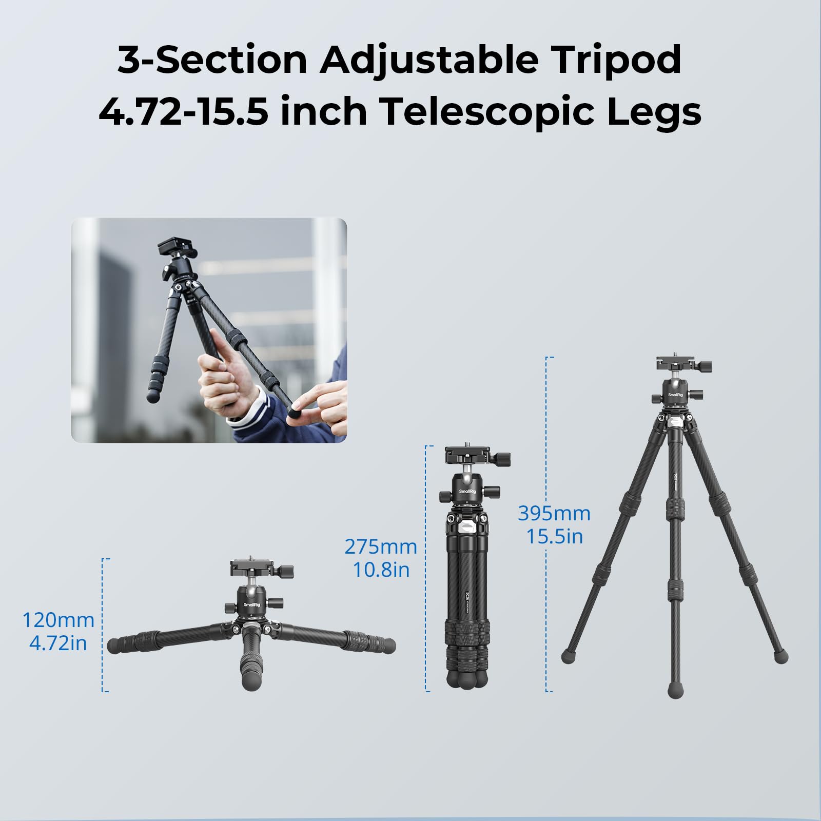 SMALLRIG Mini Treppiede da Tavolo in Fibra di Carbonio, Kit Treppiede da 15,5'' / 39,5 cm con Testa a Sfera a 360°, Capacità della testa a Sfera 3 kg / 6,6 Libbre per Fotocamere, DSLR, Obiettivi