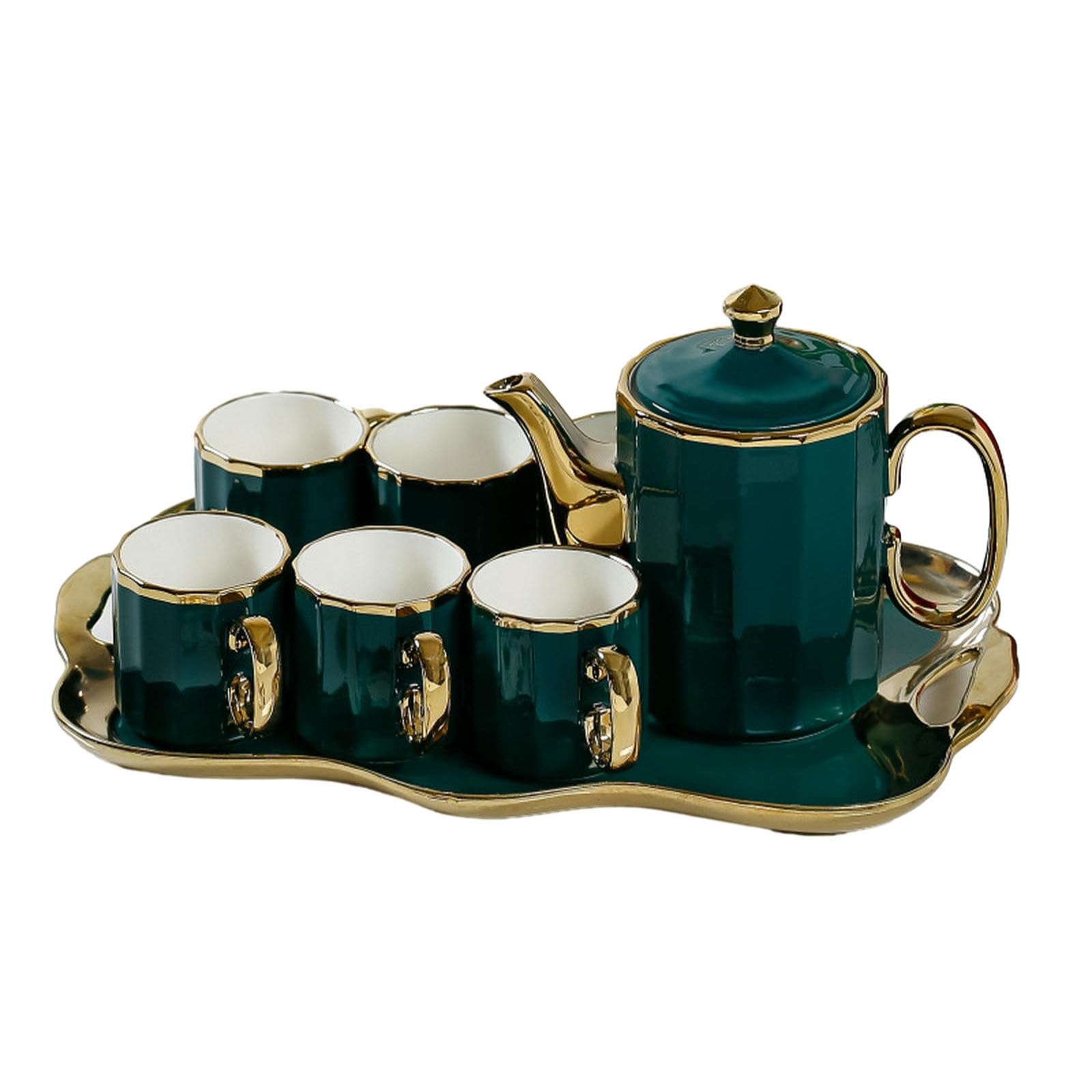 1100 ml/ceramiczne przybory wodne do domowego salonu filiżanki do popołudniowej herbaty - ciemnozielone paski 8-częściowy zestaw taca na liście