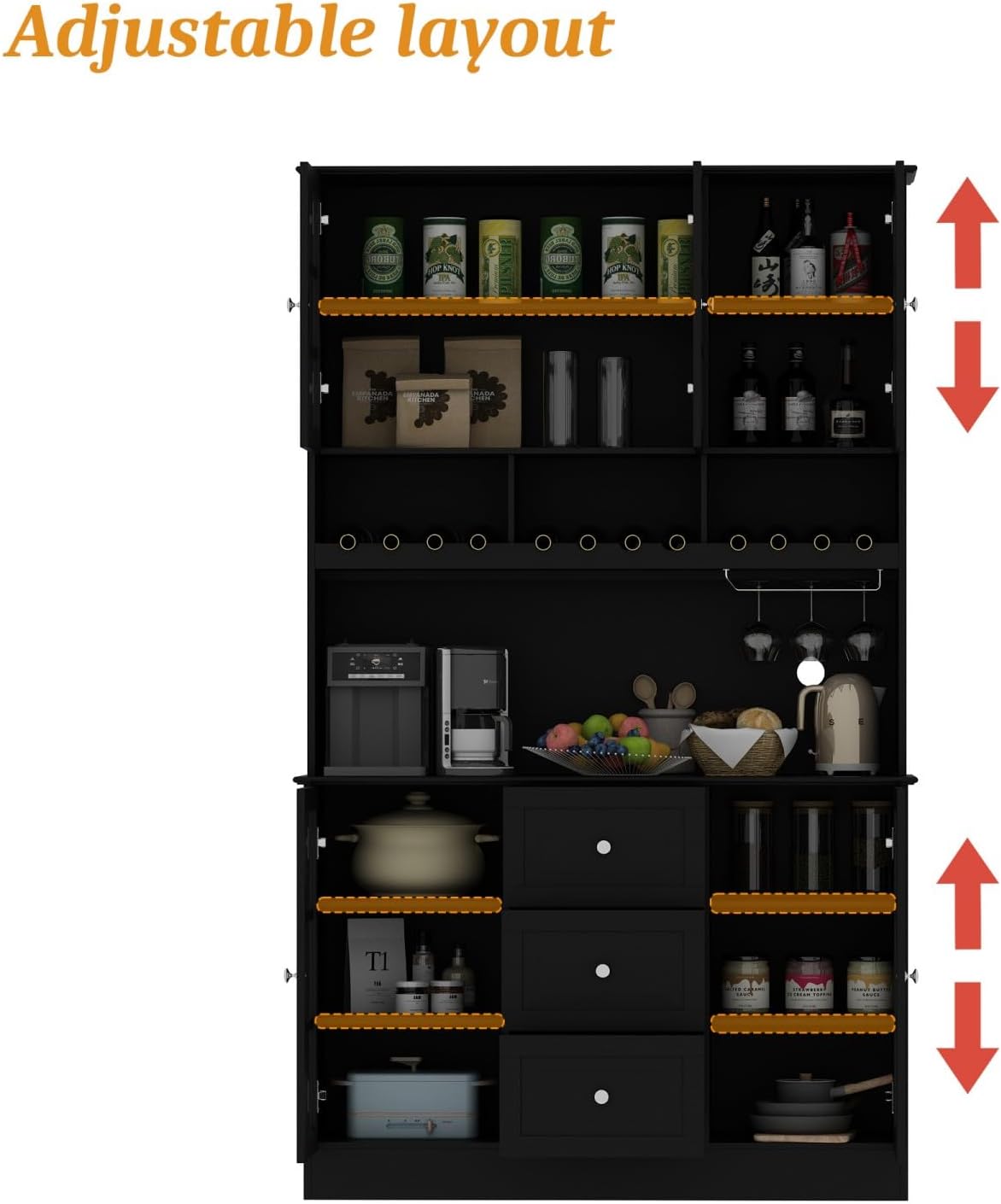 Kitchen Pantry with Glass Doors, Large Hutch Cabinet with Drawers and Adjustable Shelves, Wine Rack, Glass Holder, Pantry Storage Cabinet Cupboard for Home Bar, Black 13.4”D x 47.2”W x 78.9”H