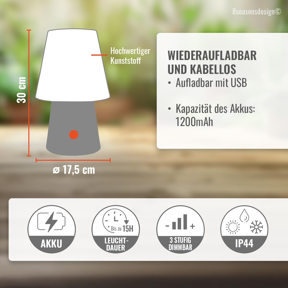 8 seasons design Akku Tischlampe, Outdoor geeignet - No. 1 30 cm, grau, kabellos - LED warmweiß - 3- stufig dimmbar, aufladbar über USB - Tischleuchte für außen (Garten, Balkon) und innen