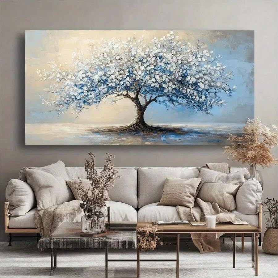 Toile murale moderne abstraite arbre bleu blanc grand format 55x110 cm