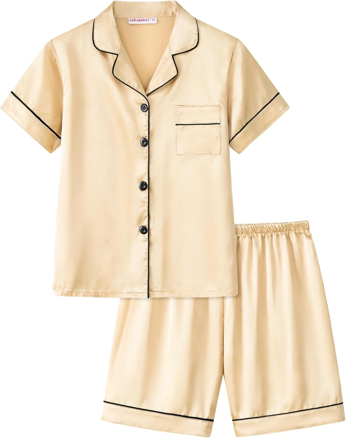 UNICABBIT21 Satin Summer Pajamas for Big Girls Unisex Kids Silk Button Down Short Sleeve & Shorts PJS Size 8-16