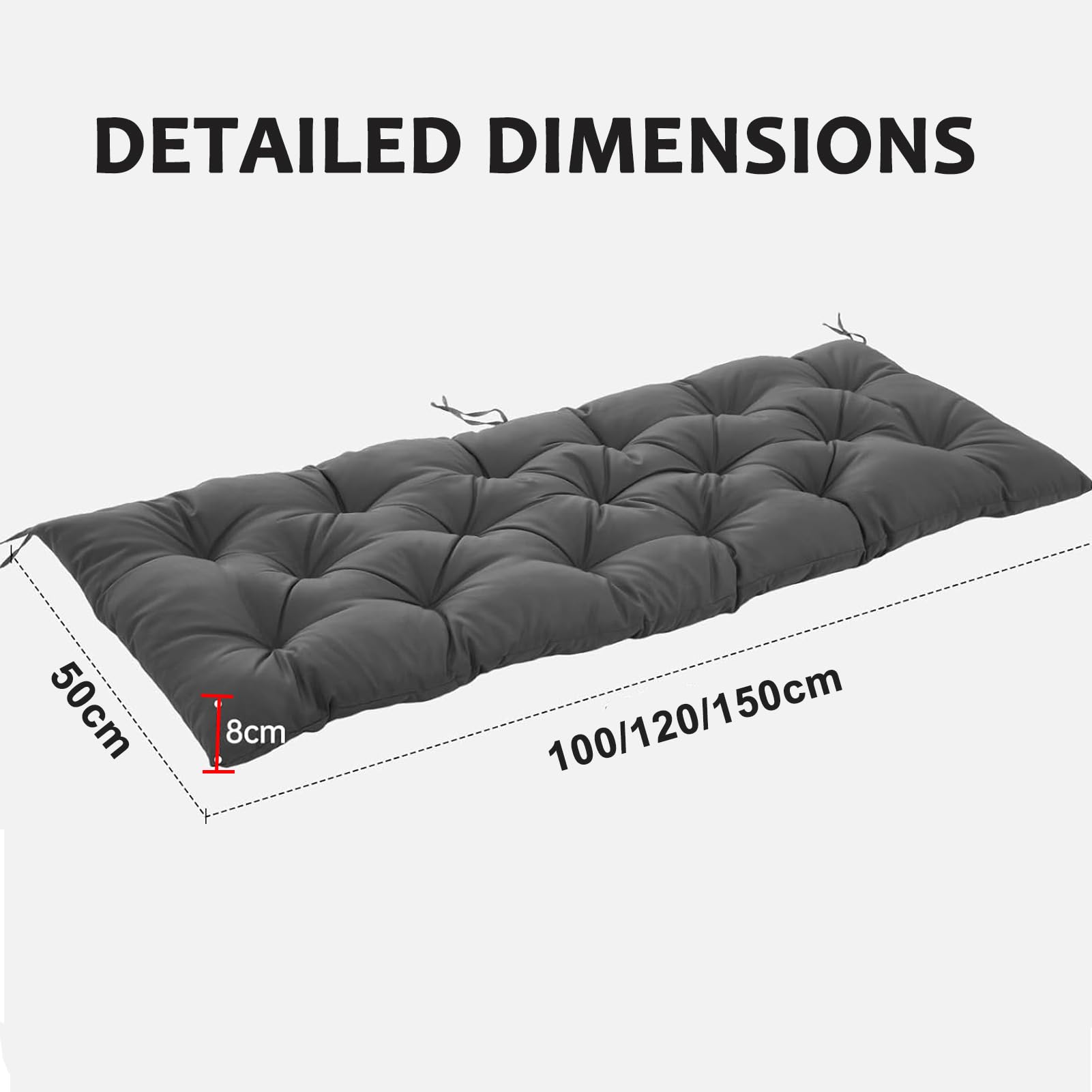 Panchina da giardino impermeabile a 2/3 posti, cuscino da 120 cm, spessore 8 cm, in cotone, con laccetti, per esterni, patio, nero, 100 x 50 x 8 cm