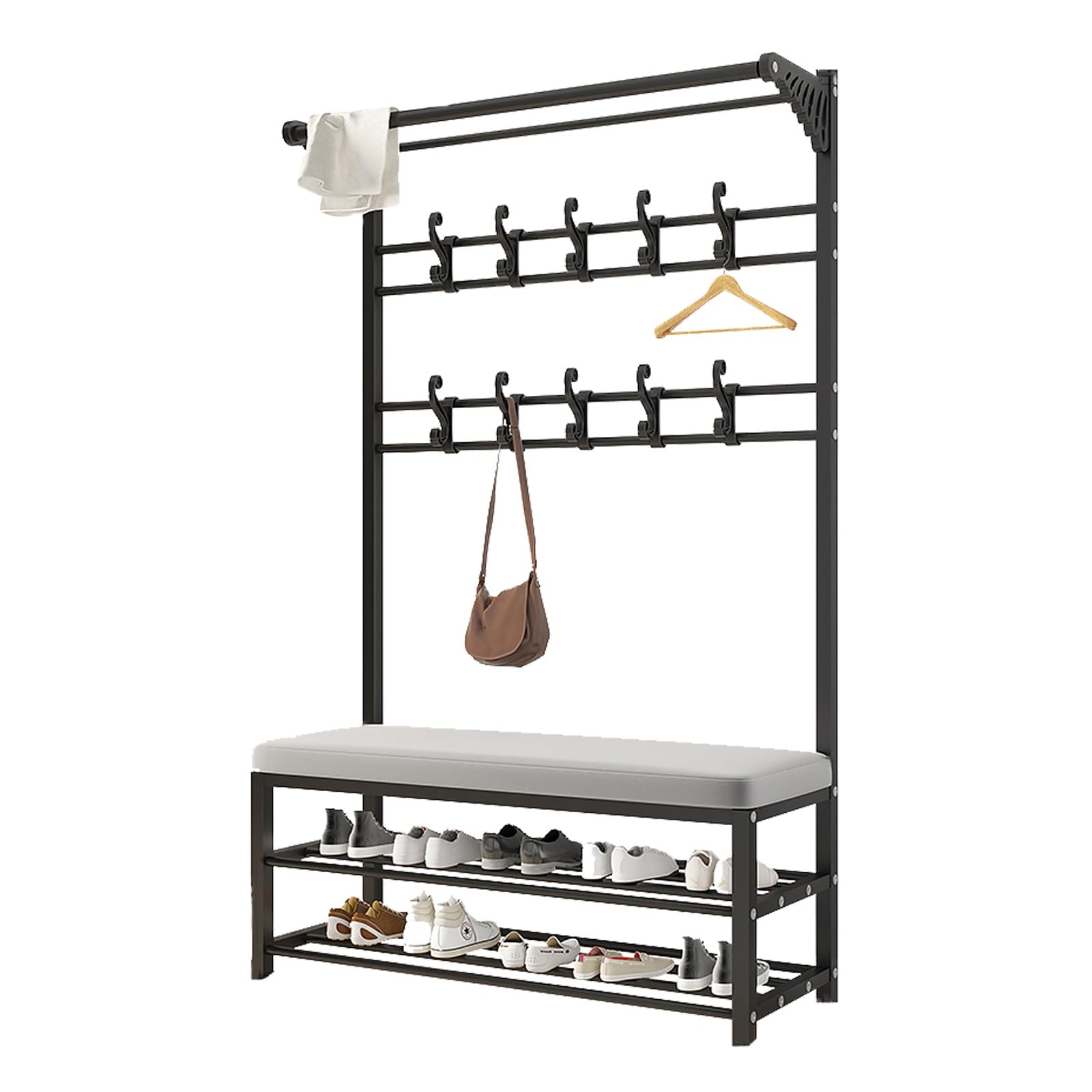 GHFXSCV Multifunctal Hall Tree Coat Rack with Bench & Shoe Sto, Entryway nizer with Comfortable Seat Cush, Perfect for Mudroom (Black, 80cm)