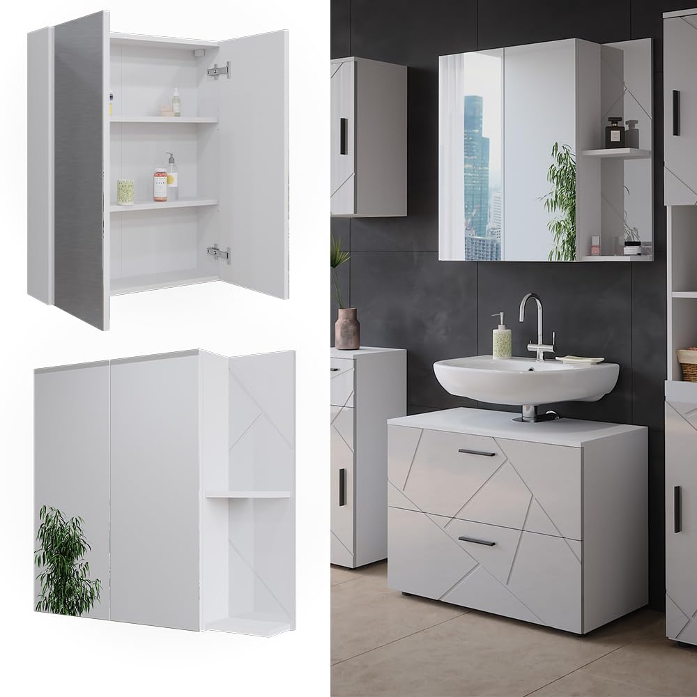 Vicco Mobile a specchio per il bagno Irma, Bianco/bianco lucido, 80 x 75 cm, per montaggio a parete con ripiani aperti e specchio