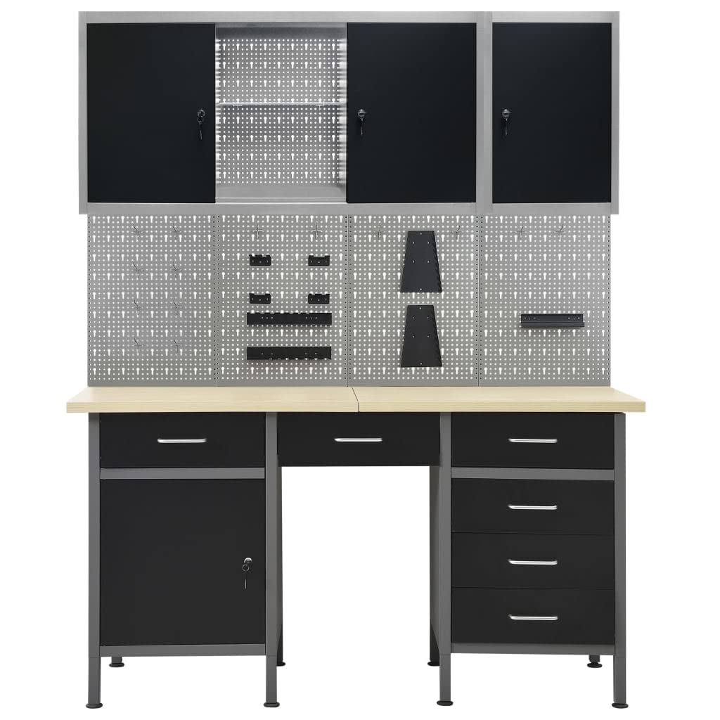 vidaXL Banco de Trabajo con Cuatro Paneles de Pared y Dos Armarios Garaje Superficie Grande Herramientas de Trabajo Mesa Estación Plataforma Estable