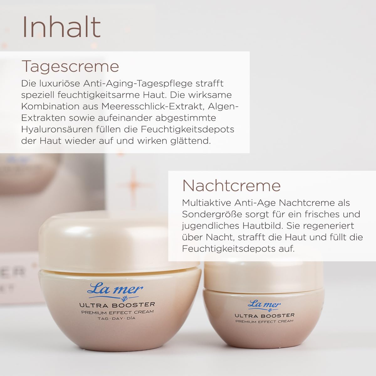 La mer Ultra Booster Premium Effect Set | Tagescreme 50 ml | Nachtcreme 15 ml | Spendet Feuchtigkeit | Meeresschlick & Algen-Extrakten | Regeneriert