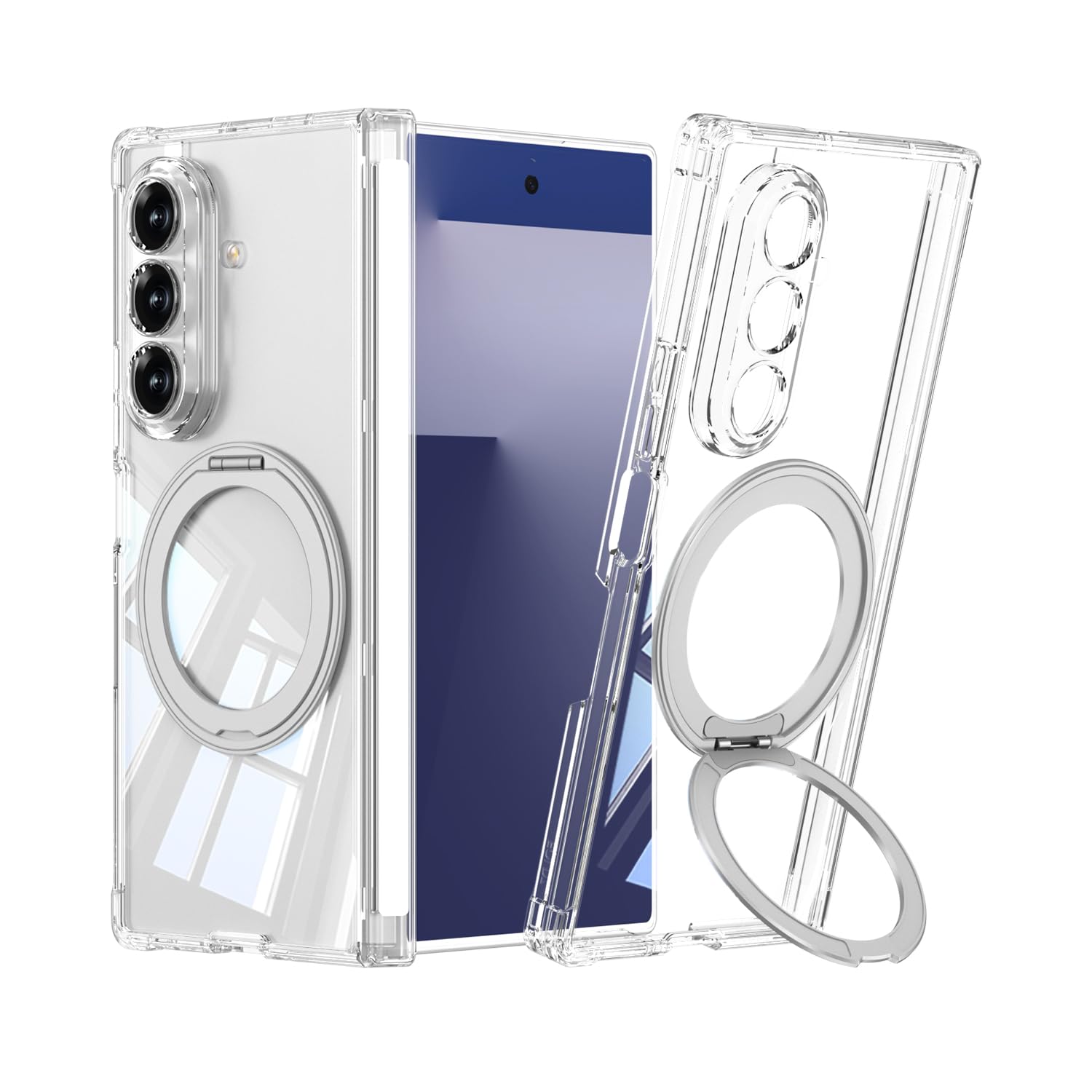 Coque pour Samsung Galaxy Z Fold 7 5g Cover Anneau de Béquille Transparente Case Protection d'écran Housse Ultra Fine Antichoc Etui, Transparente