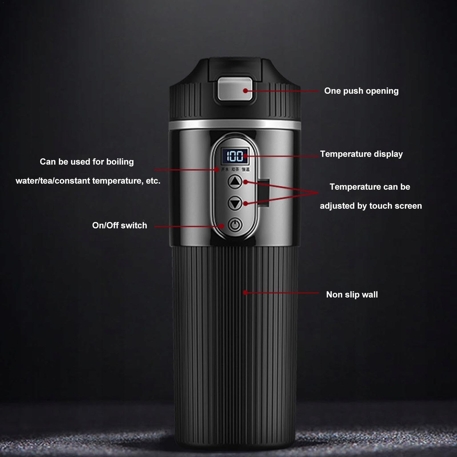Taza calefactora para vehículos, taza de café eléctrica para coche | Taza calentada de acero inoxidable 12V/24V | Caldera de agua caliente para coche, taza calentada para vehículo negro para caf