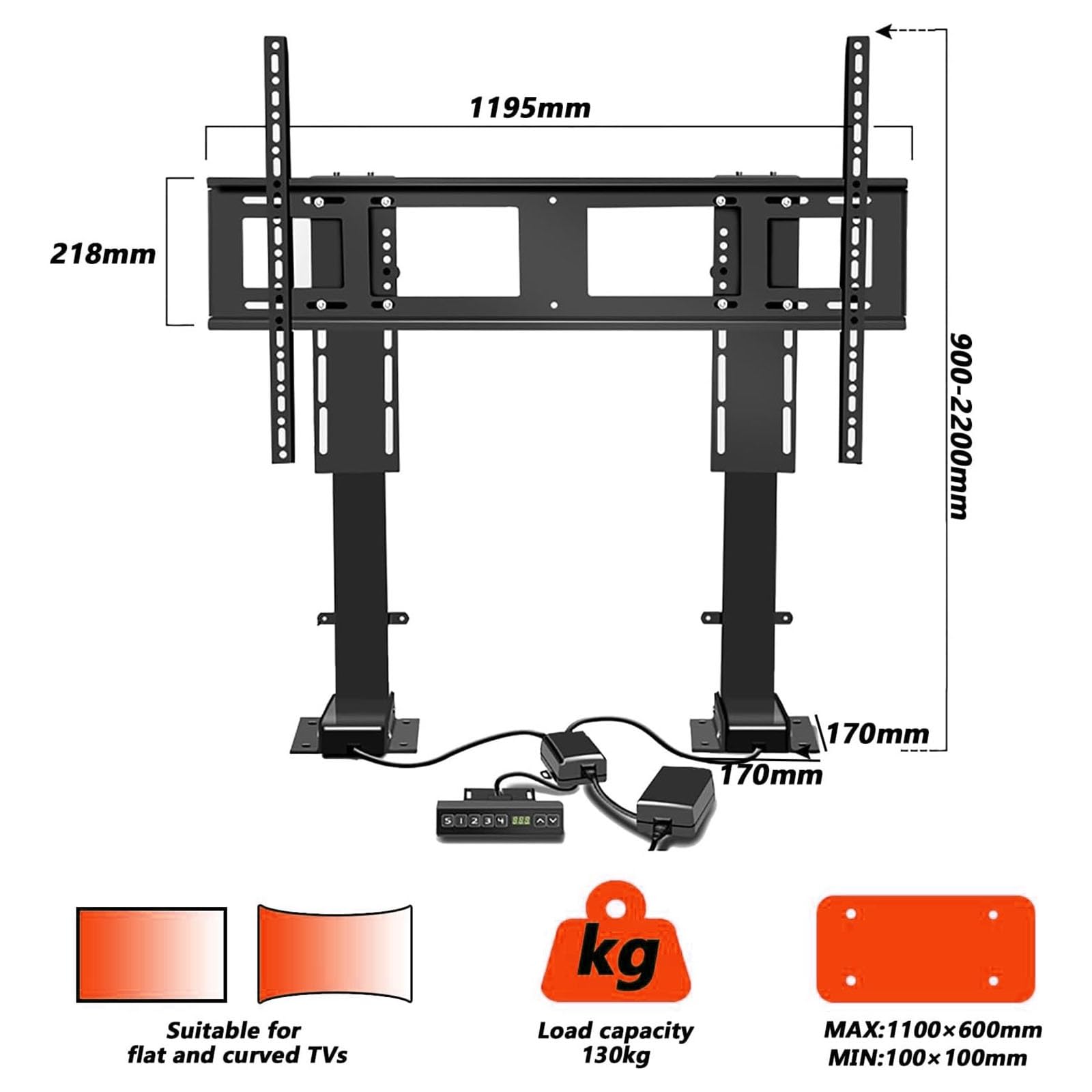 Supporto TV Elettrico da soffitto - Supporto da Pavimento per TV LCD, Supporto TV telescopico Elettrico con Sollevamento Automatico, Telecomando e Interruttore di c,