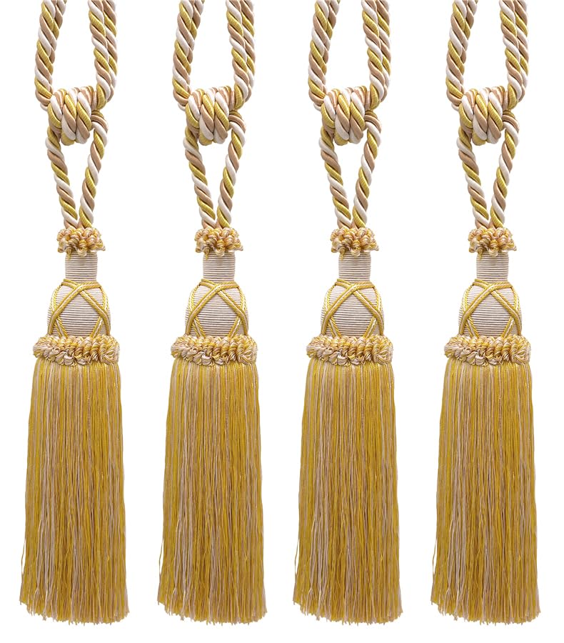 Elegant Criss Cross - Set Di 4 Fermacoda Con Nappe, 25 Cm, Largo 76 Cm, Stile TBIC2 - Colori Oro Chiaro, Beige, Giallo, Per Tende E Arredamento