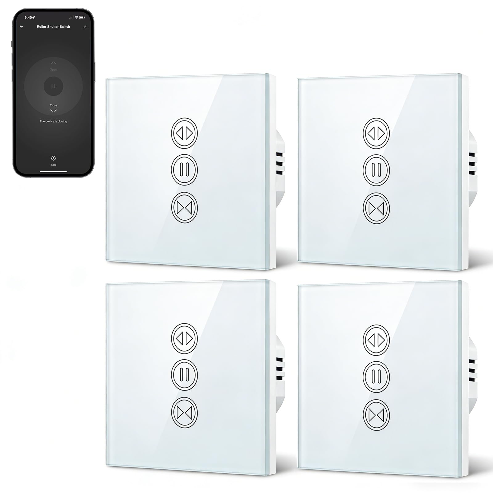 LoraTap Interruptor Persianas WiFi, Interruptor Táctil de Pared para Cortina Eléctrica, Control de Voz con Alexa Echo y Google Home, Interruptor Temporizador para Motor Tubular CA, 4 Piezas