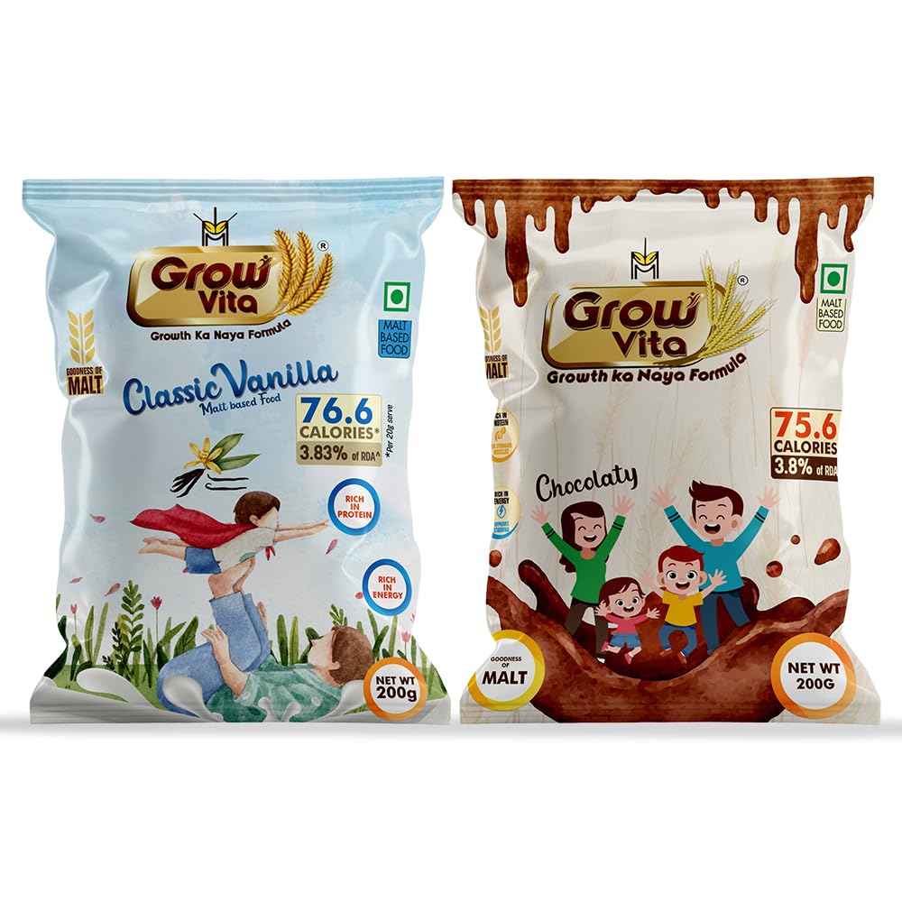 Grow Vita Growth Ka Naya Formula – Chocolate and Vanilla Malt Milk Drink (200+200 gms) with Soy Protein Isolate, Vitamins & Minerals | Guilt‑Free Nutrition for Kids & Adults