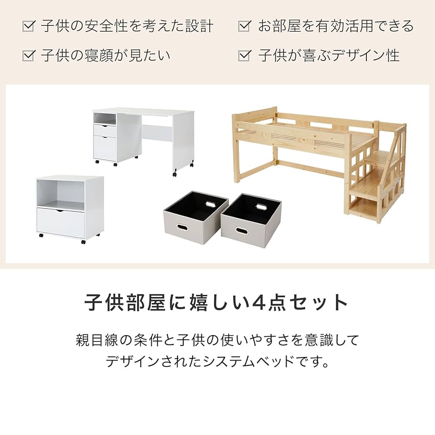 ロウヤ ロフトベット シングル シングル]ロフトベッド 階段・デスク・収納ラック付きで子供部屋