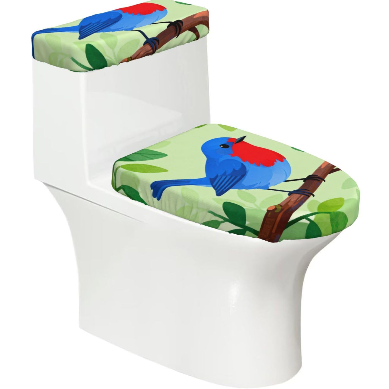 Blue Bird Branch Elastic Toilet Cover Set of 2-Stretchy Lid and Tank Covers for Bathroom, Soft Washable U Shape Toilet Decor