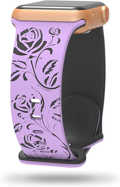 Floral Engraved Band Compatible with Apple Watch Bands 38mm 40mm 41mm 44mm 45mm 42mm 49mm Women, Cute Two Tone Flower Soft Silicone Sport Strap for iWatch Series 10 9 8 7 6 5 4 3 2 1 SE Ultra 2