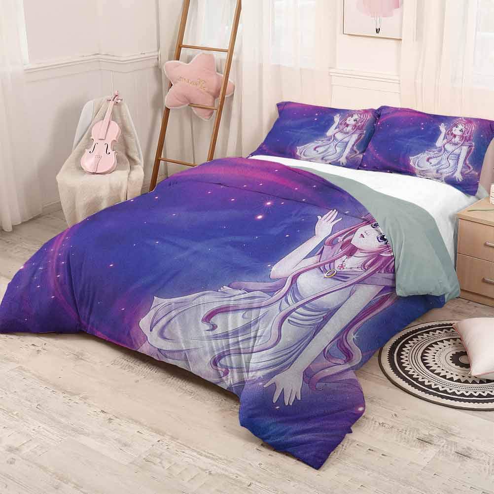prunushome Anime Bedding Duvet Cover Cute Purple Anime Fairy Sitting in Theme of Zodiac Astrology Horoscope Sign Artprint Good Choice as a Gift Purple Blue 90x90in/20x30inx2