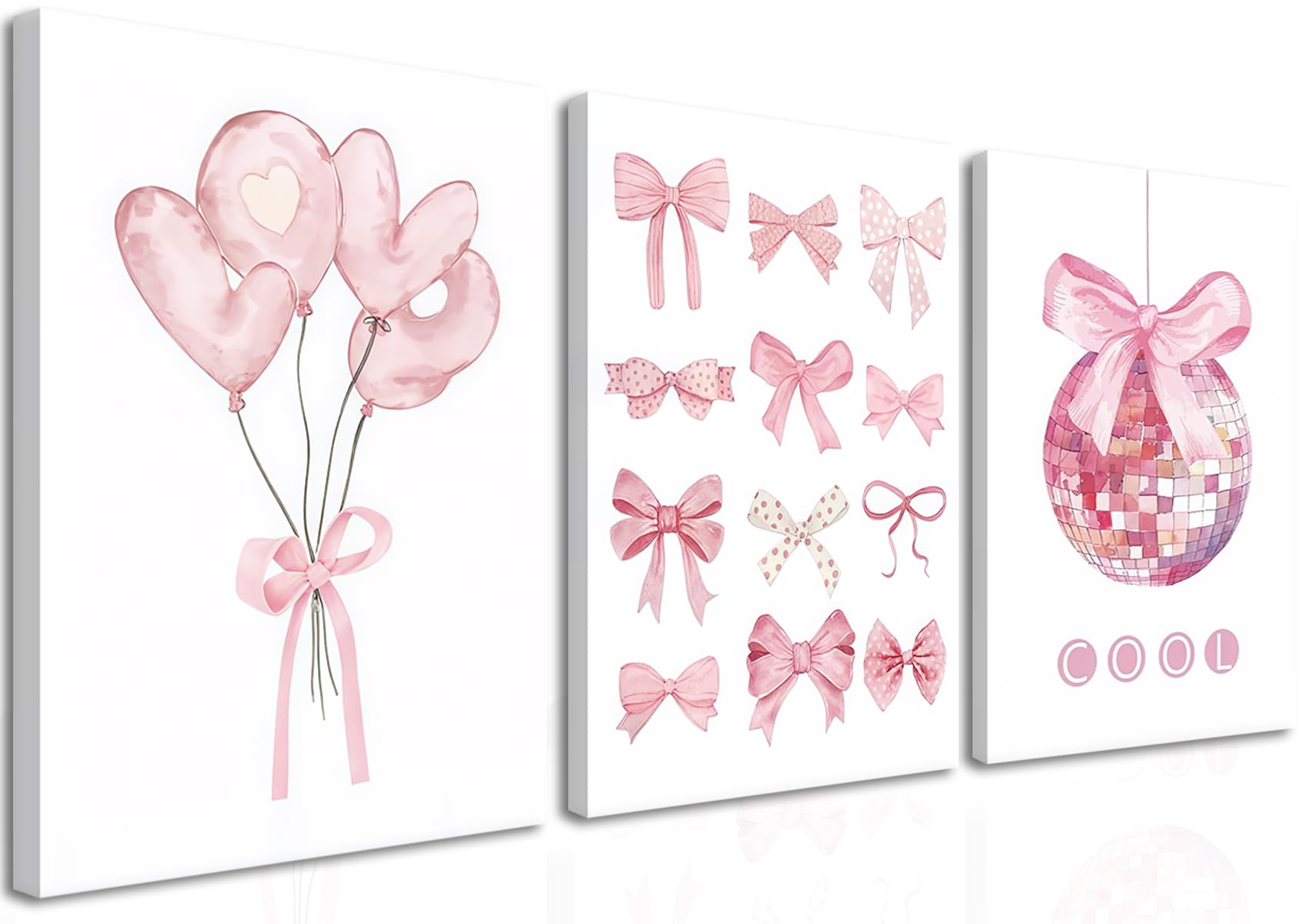 LMYSXAOZ Preppy Pink Bow Canvas Wall Art, Trendy Bows Coquette Room Decor Paintings, Girly Disco Aesthetic Posters Prints Pictures for Girls Dorm Bedroom 12x16 Inch Framed