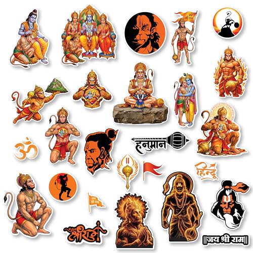 Image of D2C Hanuman Stickers Pack for Laptop, Bike, Car, Mobile & Water Bottle | Waterproof Laminated Vinyl Bajrangbali & Jai Shree Ram Stickers for Gifting (27 Sticker) (Pack of 2)