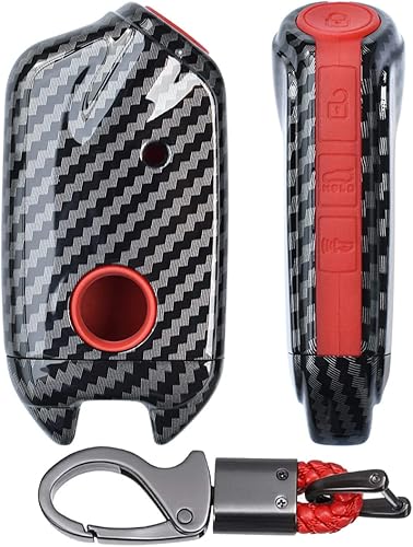 ontto Funda para llave Kia Stinger K900 2018 2019 2020 de carbono Patttern Keycase de silicona con llavero rojo