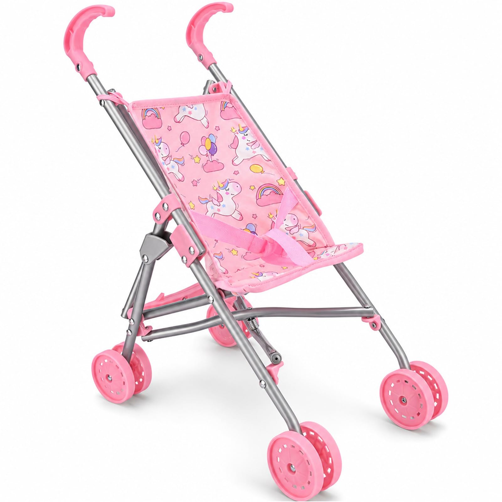 Bebamour Doll Pushchair for Kids, Lightweight Folding Doll Stroller with Seat Belt & Umbrella Fold Design, Toy Buggy for Dolls & Teddy Bears, Easy Push Pretend Play Pram for Girls Boys, Unicorn