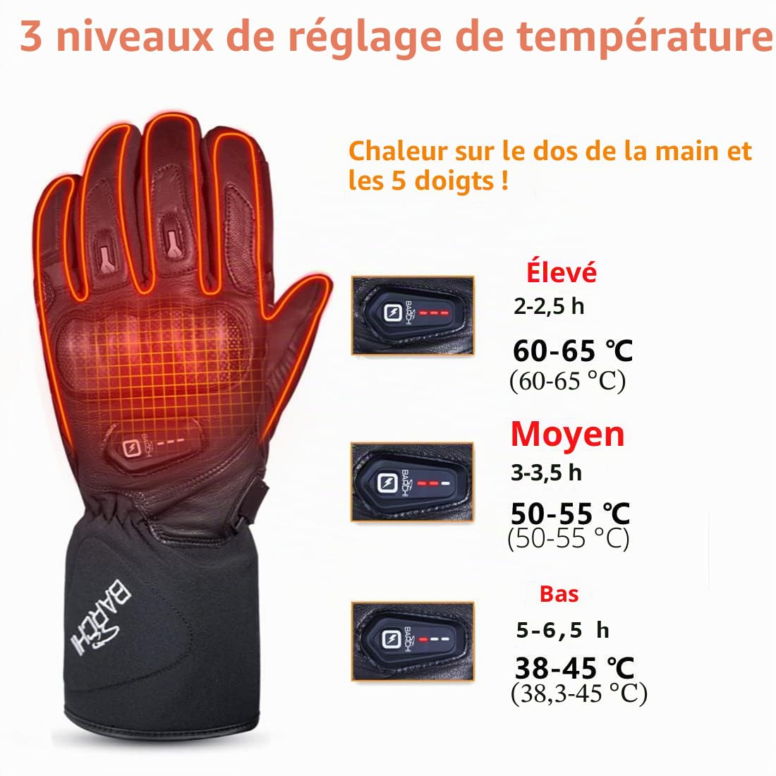 BARCHI Gants Chauffants pour Hommes et Femmes, Gants de Moto Rechargeables, Chauffe-Mains électriques, adaptés au Cyclisme d'hiver, au Ski, à la randonnée, à la Course à Pied, au Travail, etc.