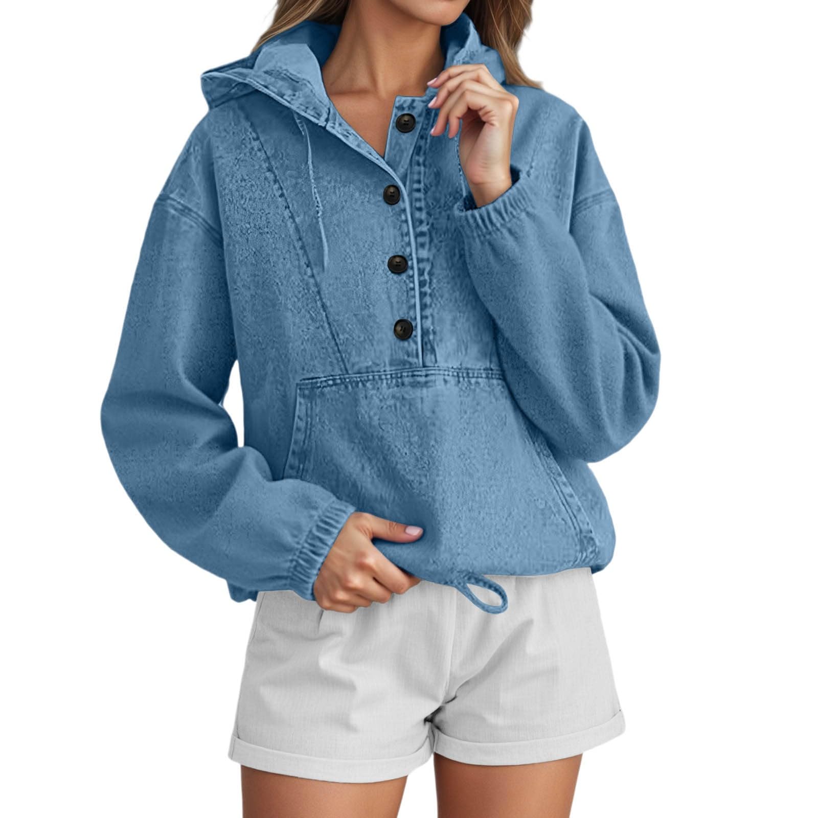 Chaqueta Vaquera con Capucha y Botones, Sudadera Informal con Bolsillos Delanteros para Moda Urbana