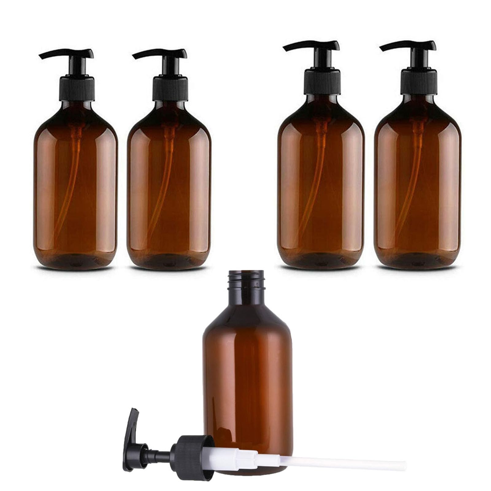 Qinsky Refillable Pump Bottles, 4Pcs Brown Empty Press Pump Bottles with Pumps, Dispenser for Lotion Shampoo, Soap