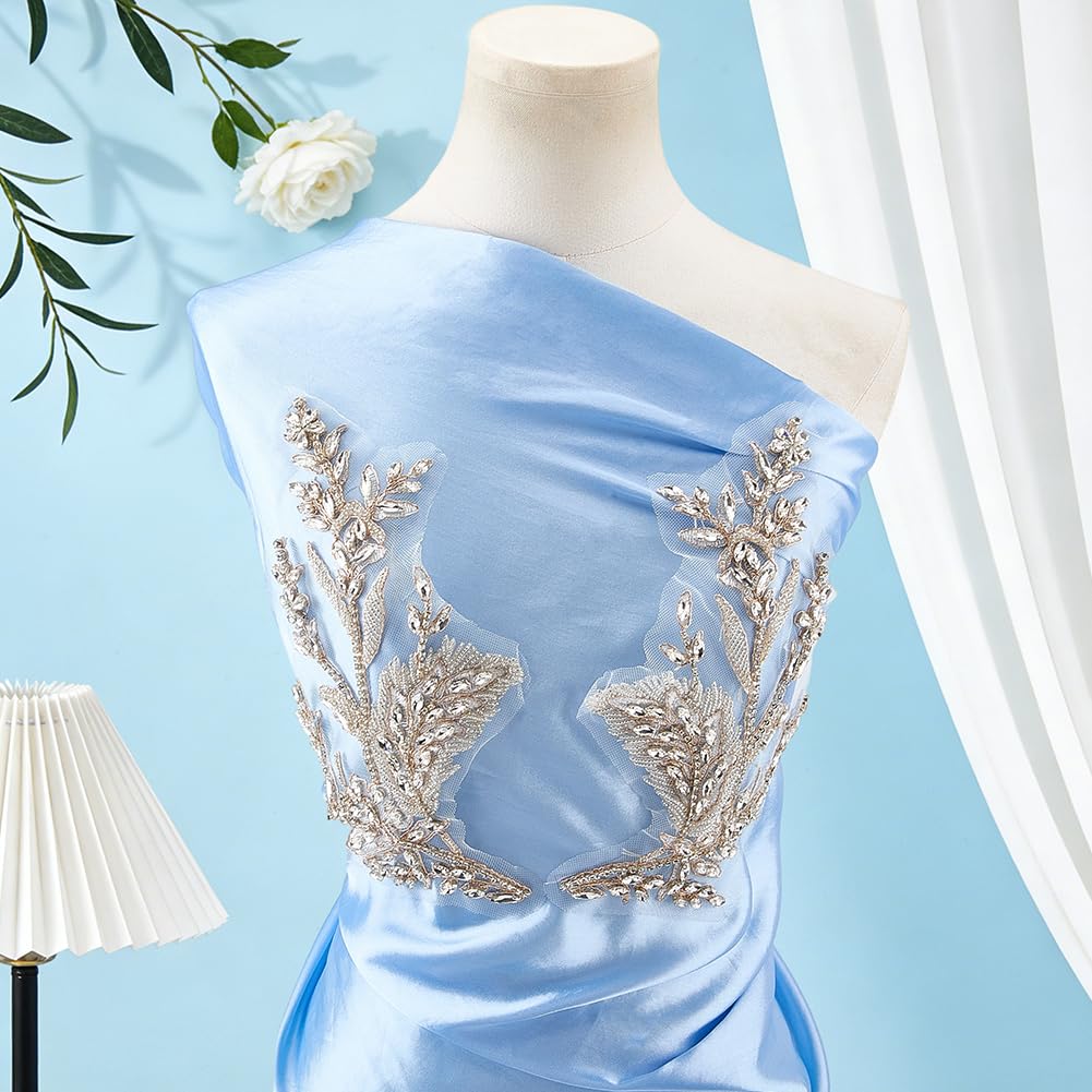 FINGERINSPIRE 1 Paio Applicazioni a Forma di Foglie con Specchietto Strass 265x155x4.5mm Toppa a Forma di Foglia Bianca con Perline di Vetro Bianche, Decorazione per Abito da Sposa, Velo da Sposa