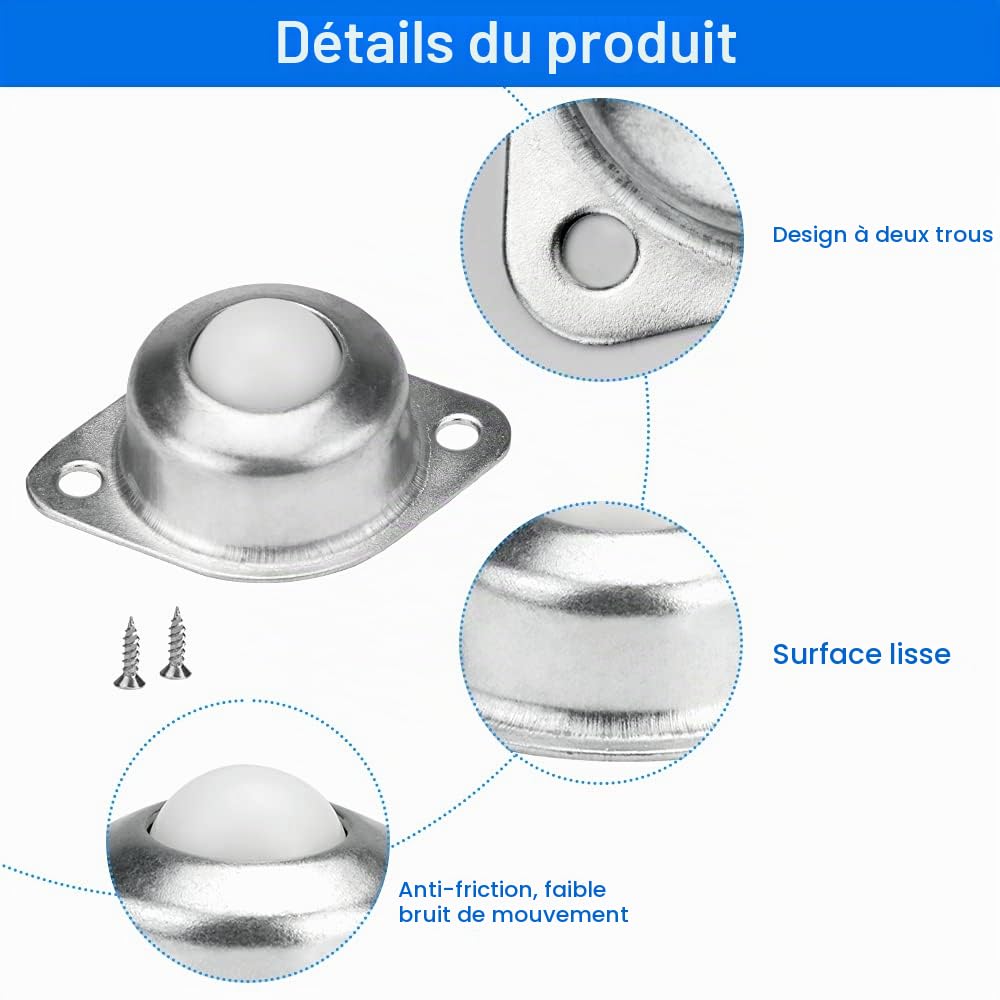 8 PCS Transfert à Billes Roulettes en Nylon Ransfert à Rouleaux Unités Transfert à Billes Rotation à 360 Degrés avec M4*16mm Vis pour Canapés Vitrines Chariots Etagères Scooters Armoire