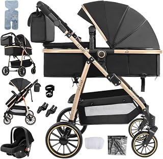 Cochecito 3 en 1: Sistema premium 3 en 1 con asiento para el auto, protección solar UPF 50+ y plegado con una sola mano (Negro/dorado)