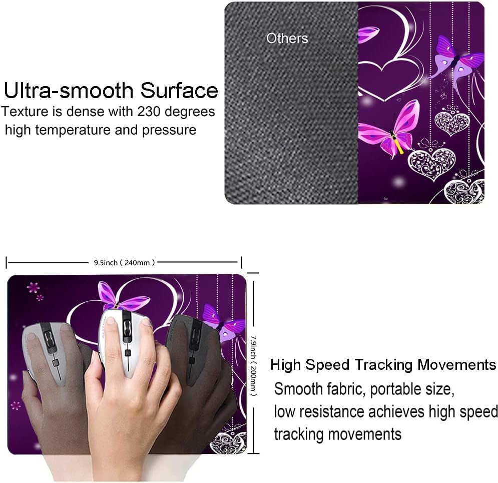 Image of Premium-Textured Mouse Pad, Non-Slip Rubber Base Mousepad for Laptop, Computer & PC, 9.5x7.9 in - Enhanced Precision, Ergonomic Comfort, Ideal for Gaming & Office (Purple Heart Butterfly)