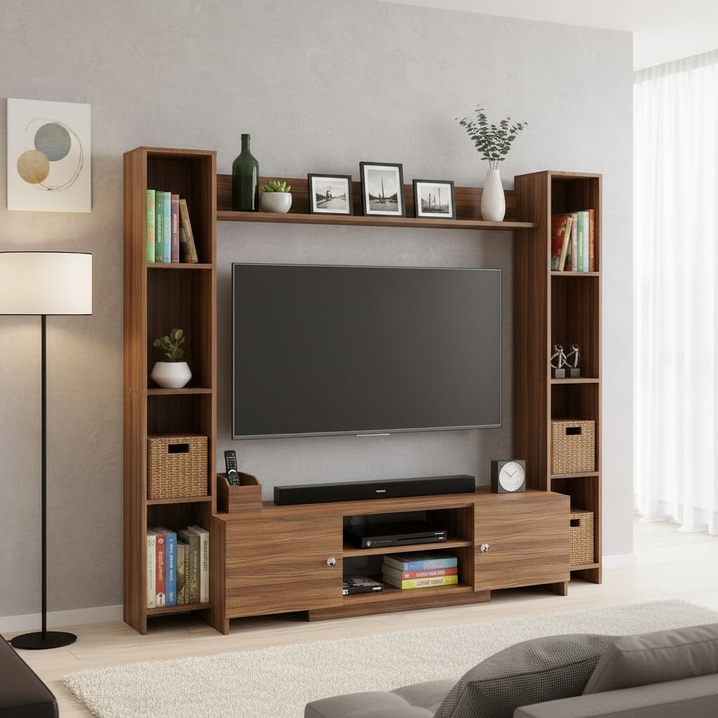 FURNEASER Decoria Wooden TV Cabinet Unit with Side Bookshelf & Storage TV Stand for Up to 43-50 Inch TV (Exotic Teak)