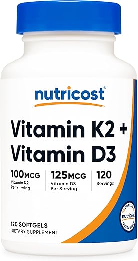 Nutricost ビタミンK2（100mcg）+ ビタミンD3（5000IU）120ソフトカプセル、非GMO、グルテンフリー