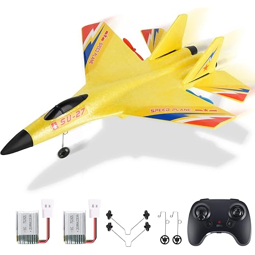 OUSEXI Remote Control Airplane for Boys Girls, Yellow RC Airplane Comes with 2 Batteries , 2.4 GHZ 2 Channels RC Aircraft for Beginners Kids(with Night Light)