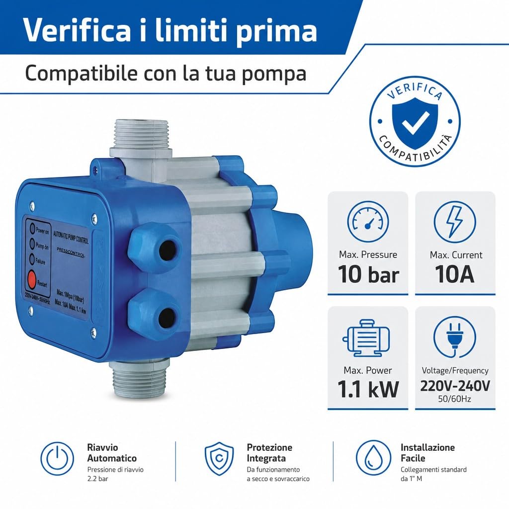 HM | Presscontrol regolatore di pressione per elettropompa, 2,2 bar, attacco 1" | Controllo elettronico automatico, protezione da funzionamento a secco, per sistemi idrici domestici