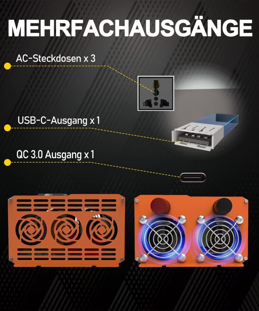 Falownik 3000 W, 12 V na 230 V, inwerter 12 V 230 V z 3 gniazdami AC, wyświetlacz LCD, bezprzewodowy pilot zdalnego sterowania, porty USB typu C, nadaje się do samochodu, kampera, na zewnątrz