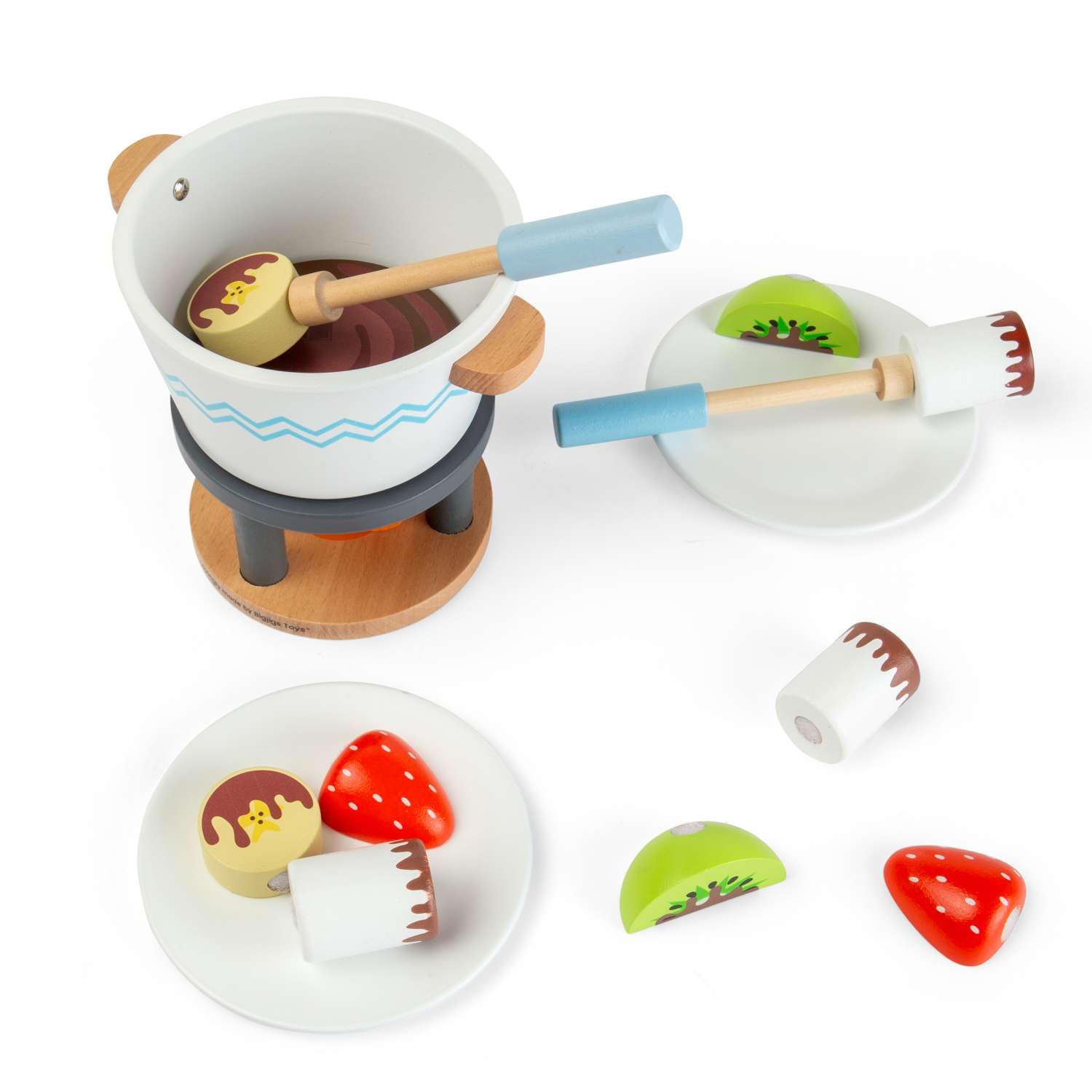 Bigjigs Toys Garnek na czekoladę dla dwojga, drewniany zestaw jedzenia do zabawy, Montessori, zabawka kuchenna, do odgrywania ról, 16 szt. zestawów z drewnem i rzepem, udawaj owoce i czekoladę
